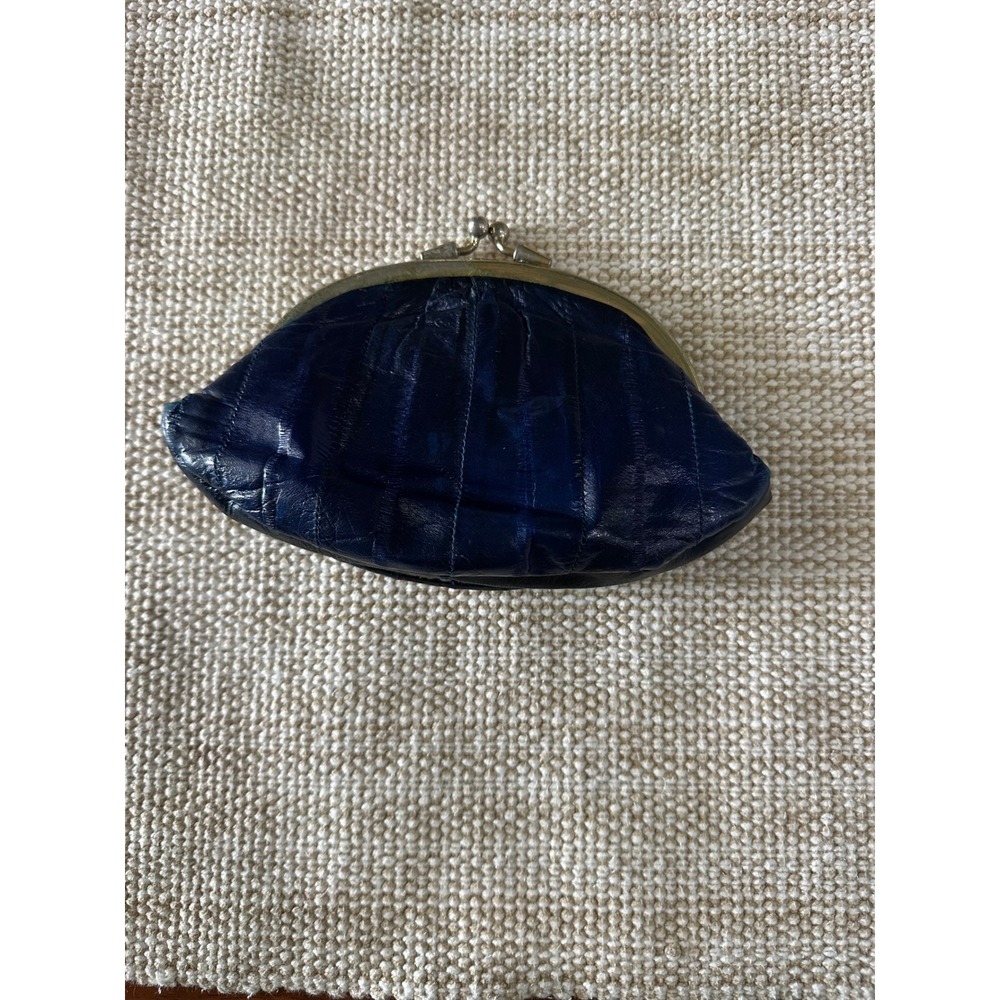 Vintage Lee Sands Navy Blue Genuine Eel Skin Kiss Lock Coin Purse Korea
